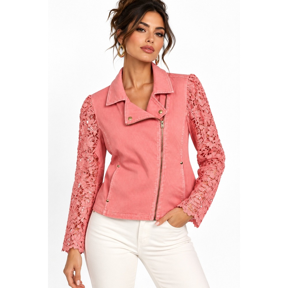C. Wonder Pink Denim Moto Jacket Floral Lace Sleeves Asymmetric Zip Womens L